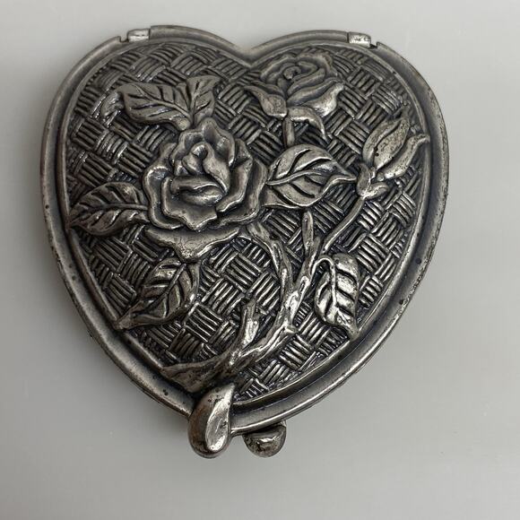 Vintage Pewter Double Compact Mirror & Picture Three Roses w/Basket Weave Clasp - Picture 2 of 6